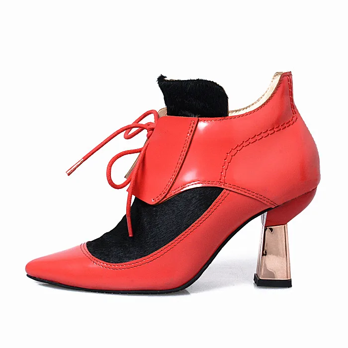 Женские ботильоны с острым носком; Разноцветные песочные часы; zapatos mujer; Модные женские ботинки на шнуровке; sapato feminino; туфли на шпильке - Цвет: Красный