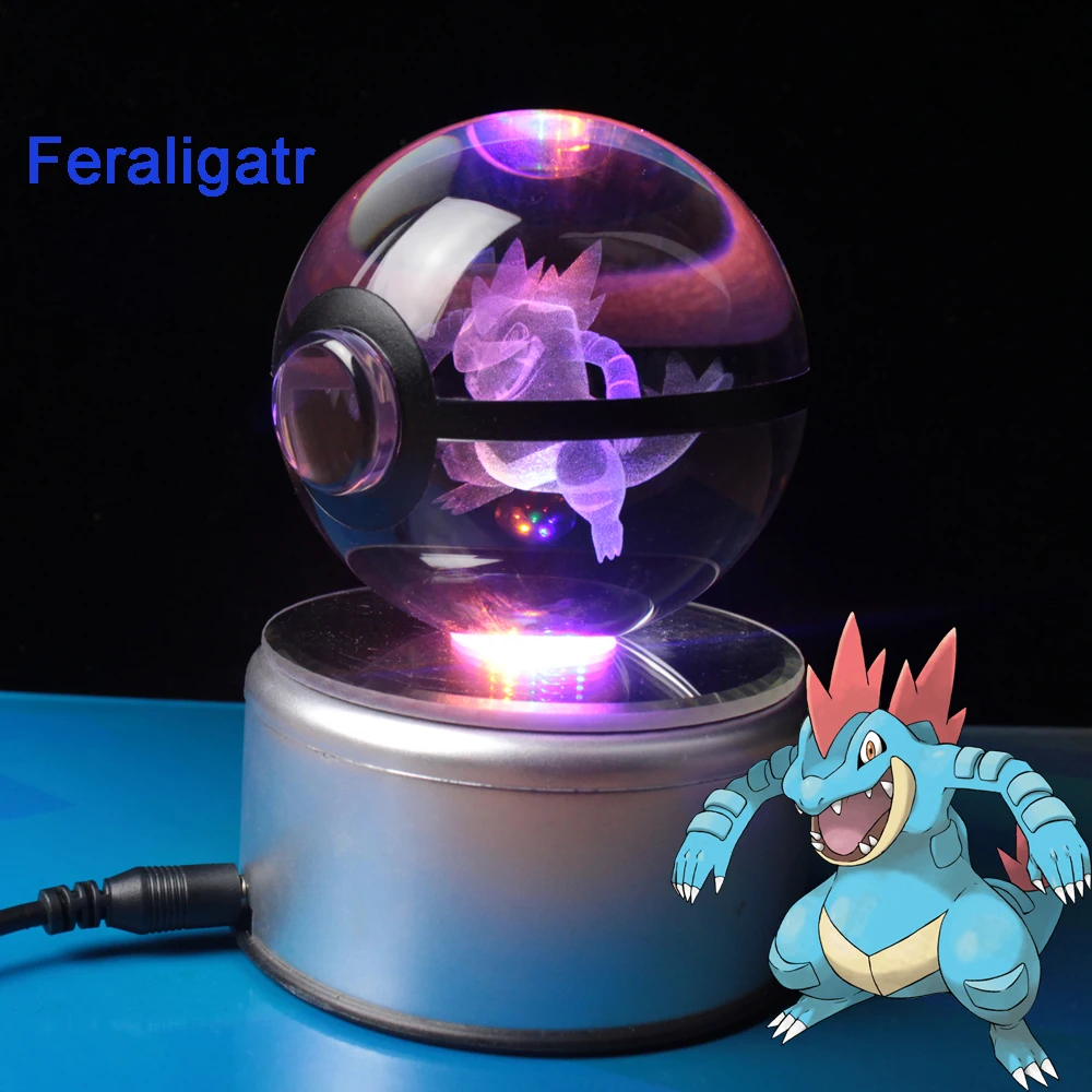 

3D Pokemon Go Feraligatr Crystal Ball Night Light with Stand 7 Colors Change for Kids Baby Bedroom Decor