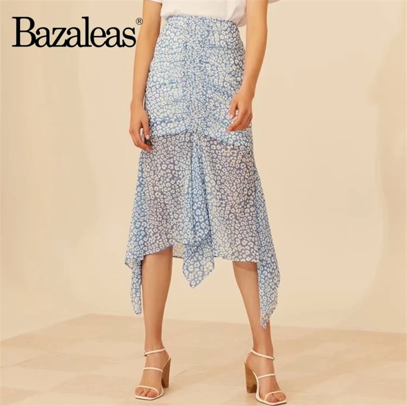 Bazaleas, Синяя Женская юбка с цветочным принтом и высокой талией, Повседневная модная юбка русалки, винтажная юбка миди с рюшами, Прямая поставка