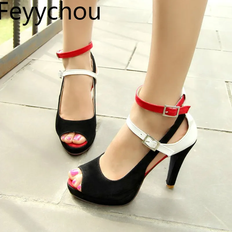 

Women Sandals Peep Toe Thin Heels Flock Buckle Strap Super High-heels 2018 Sexy New Fashion Spring Summer Casual Shoes Black Red