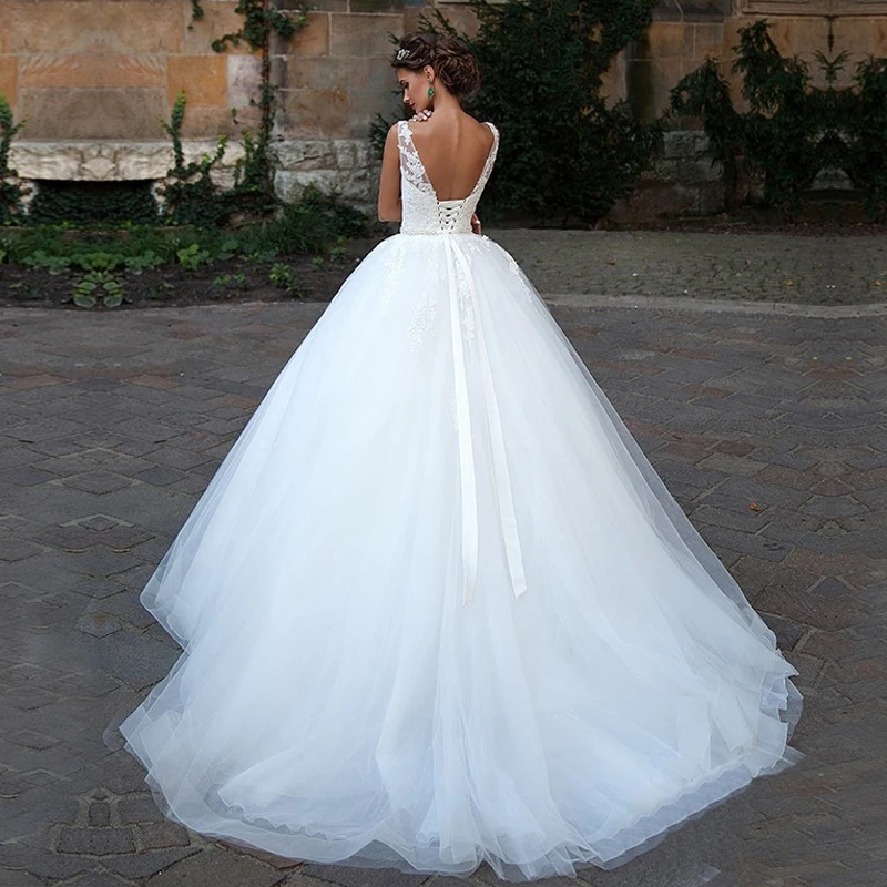 US $96.59 Lorie 2019 Ball Gowns Wedding Dresses Back Lace Up Fluffy Bride Dresses VNeck Lace Appliques With Tulle Wedding Guest Dresses