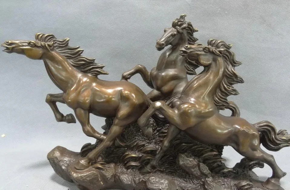 

wan671059+++13" China Pure Bronze FengShui Wealth Year Zodiac 3 Jump Wild Horse Statue