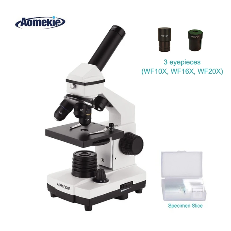 

AOMEKIE Biological Microscope WF10X/WF16X/WF20X Eyepieces Up and Down LEDs Home Lab Monocular Microscope Kids Gift Slides Set