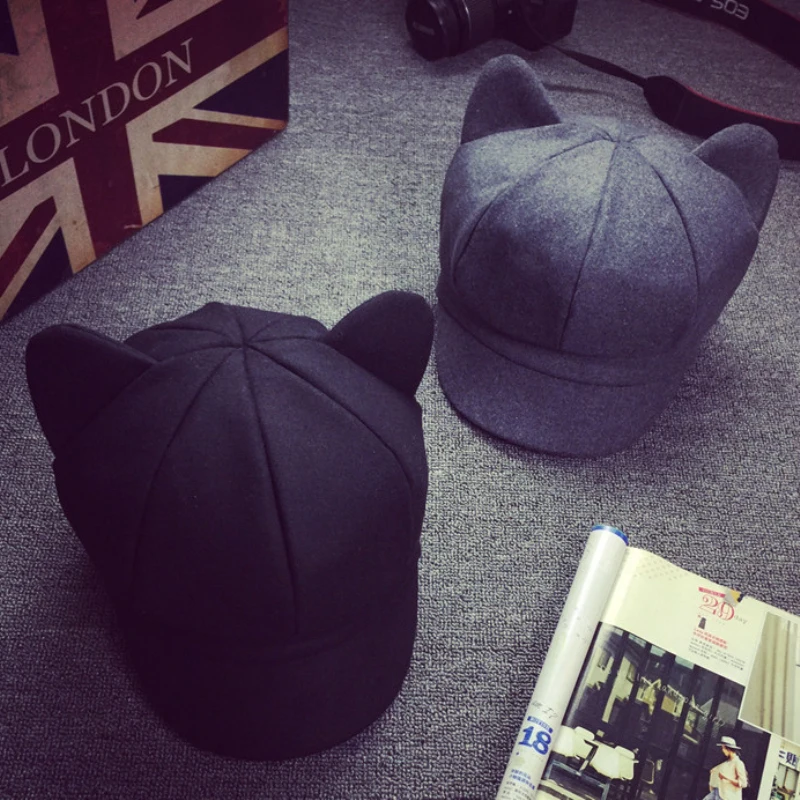 Korea Fashion Cat Ear Octagonal Cap for Women Solid Plain Woolen Felt Cap Autumn Winter Artist Painter Beret Hat