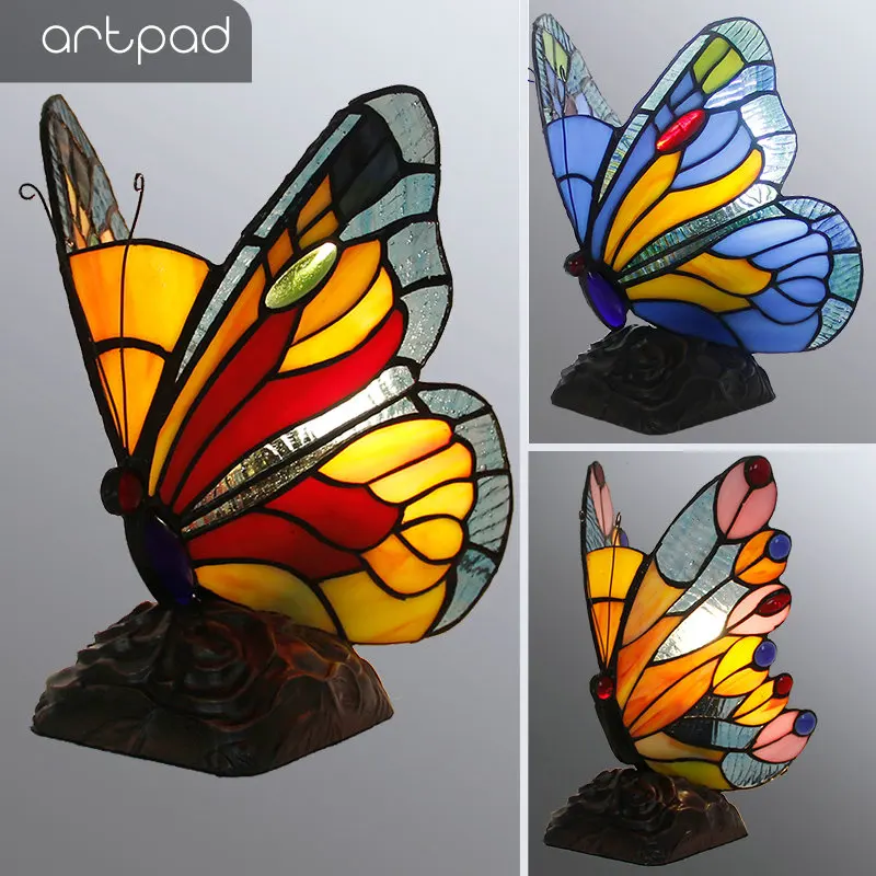 Artpad витражные стекла Тиффани лампы-бабочки с США/ЕС Plug In E27 прикроватная LED бабочка свет для стола ночные светильники Artpad витражные стекла Тиффани лампы-бабочки с США/ЕС Plug In E27 прикроватная LED бабочка свет для стола ночные светильники
