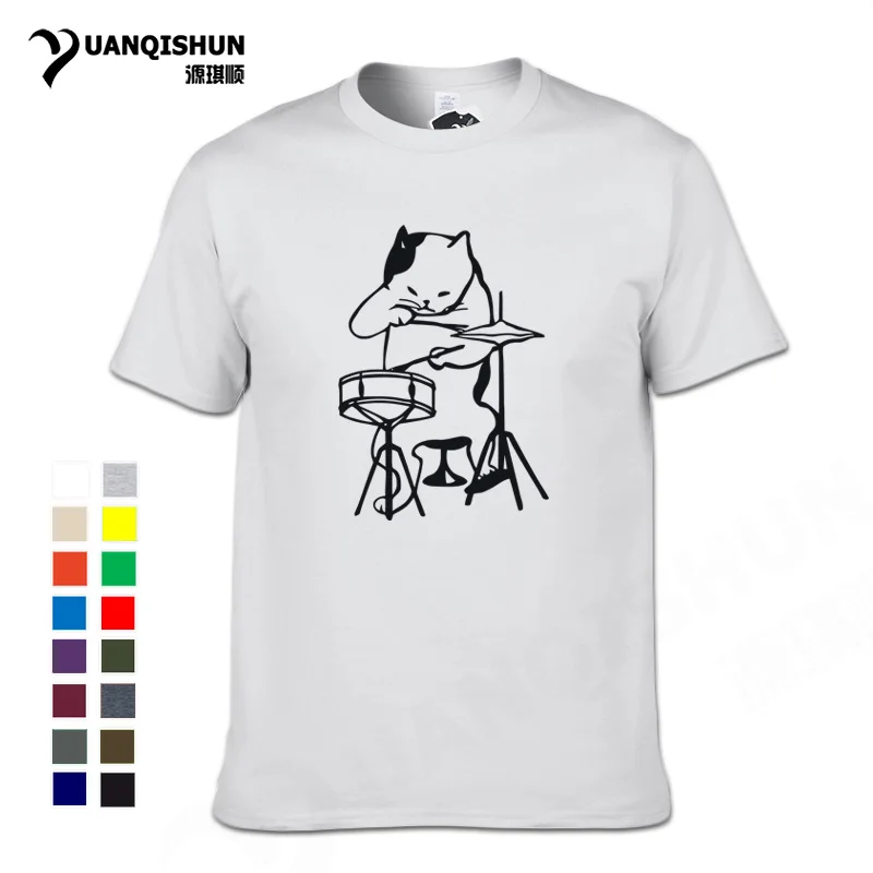 

The Musician Cat Playing Drums Funny T Shirt Top Quality 16Colors Novelty Drummer Tee Shirt Homme Cat lover Cool T-shirt Hip Hop
