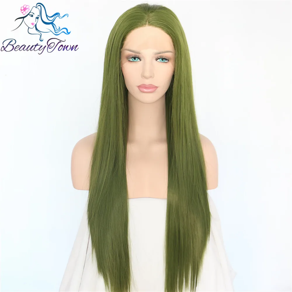 BeautyTown прямой зеленый термостойкий искусственный парик Повседневный макияж синтетические кружева спереди вечерние парик для женщин подарок на праздник