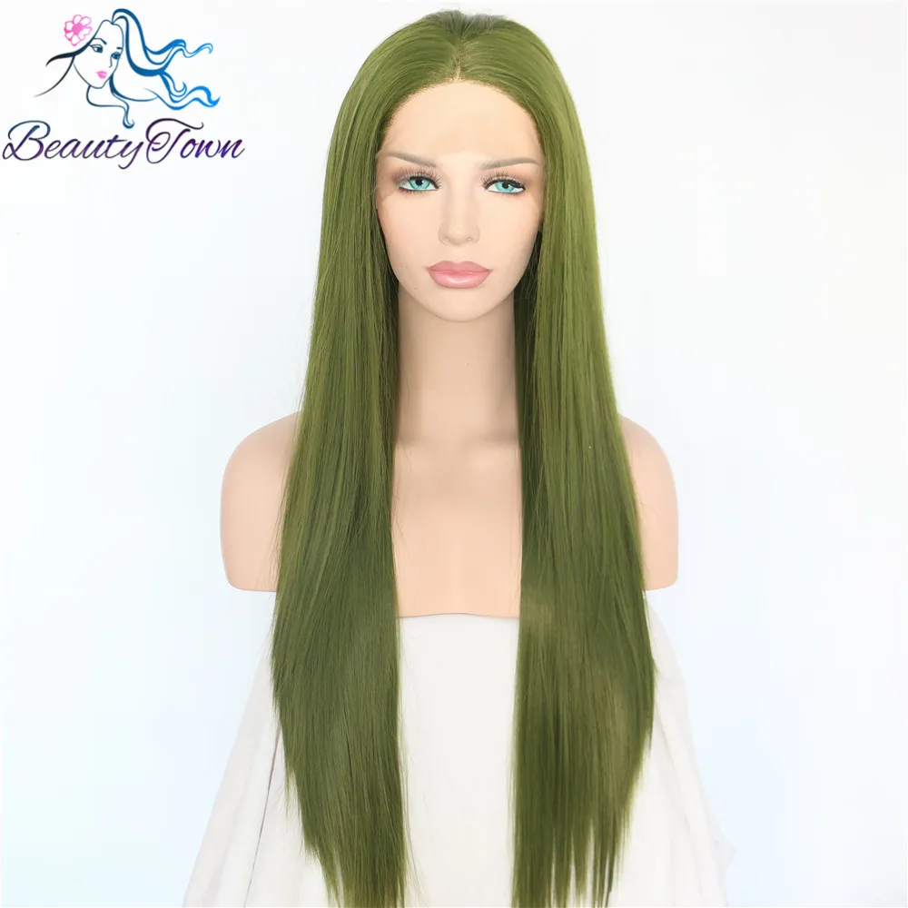 

BeautyTown Straight Green Heat Resistant Hair Hand Tied Daily Makeup Synthetic Lace Front Party Wig For Women Holiday Present
