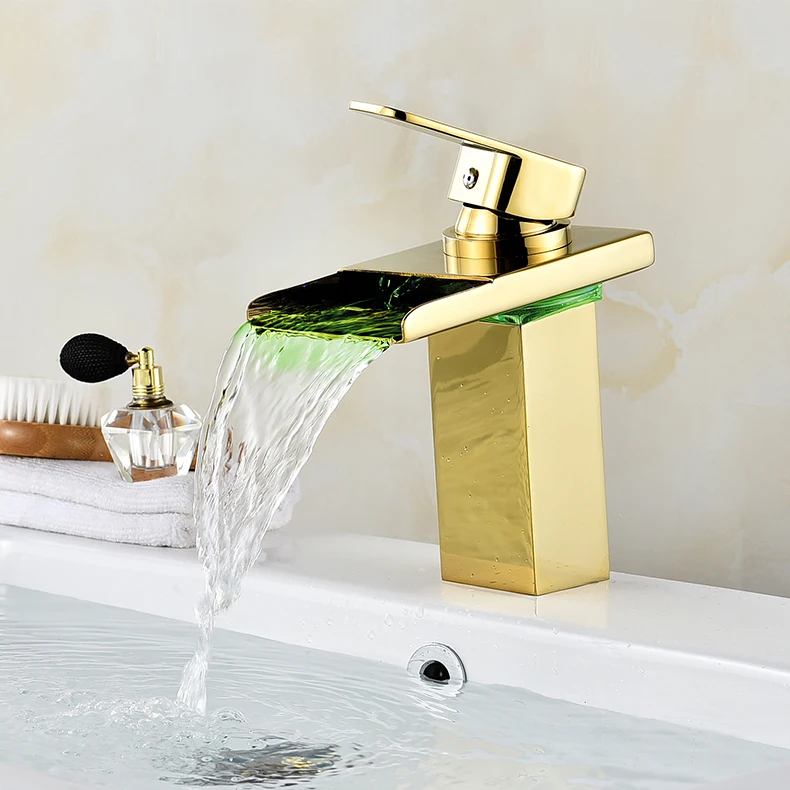 Bathroom Waterfall Faucet LED Faucet. Gold Waterfall Brass Basin Faucet