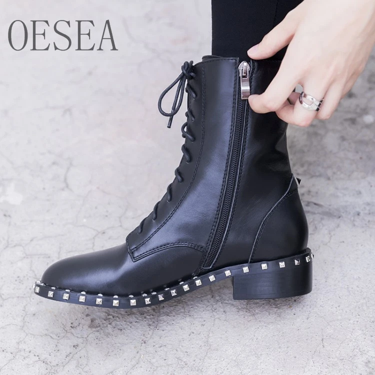 34 39 Black rivet boots HOT 2018 fashion winter high end atmosphere