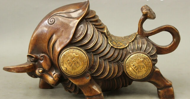 

wholesale factory Folk China Chinese Bronze Copper Gilt Animals Coin Wealth Cai Bull Ox Statue