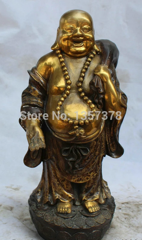 

shitou 00524 18" Chinese Bronze Gild Stand Wealth moneybag Happy Laugh Maitreya Buddha Statue