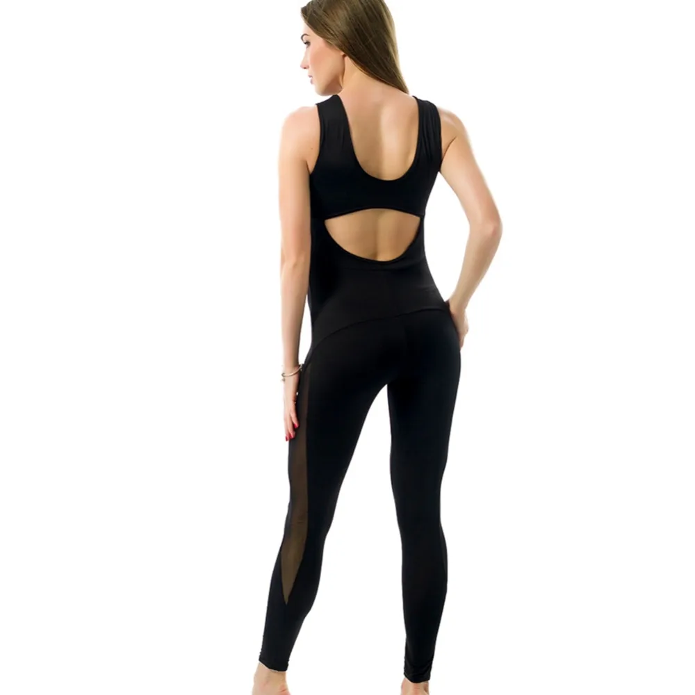 New Sexy Women Sport Gym Jumpsuit Solid Mesh Round Neck Sleeveless Overalls Fitness Leotards Athletic Playsuit Yogo Pants Black