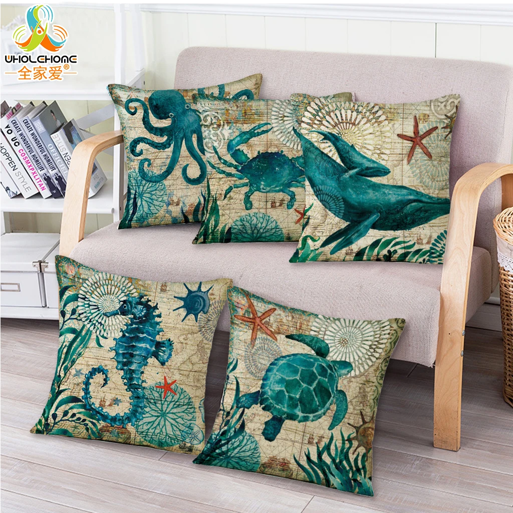 

Marine Style Sea Horse Printed Cushion Cover Cotton Linen Pillow Case 45*45cm Sea Shell Octopus Pattern Nordic Ocean Home Decor