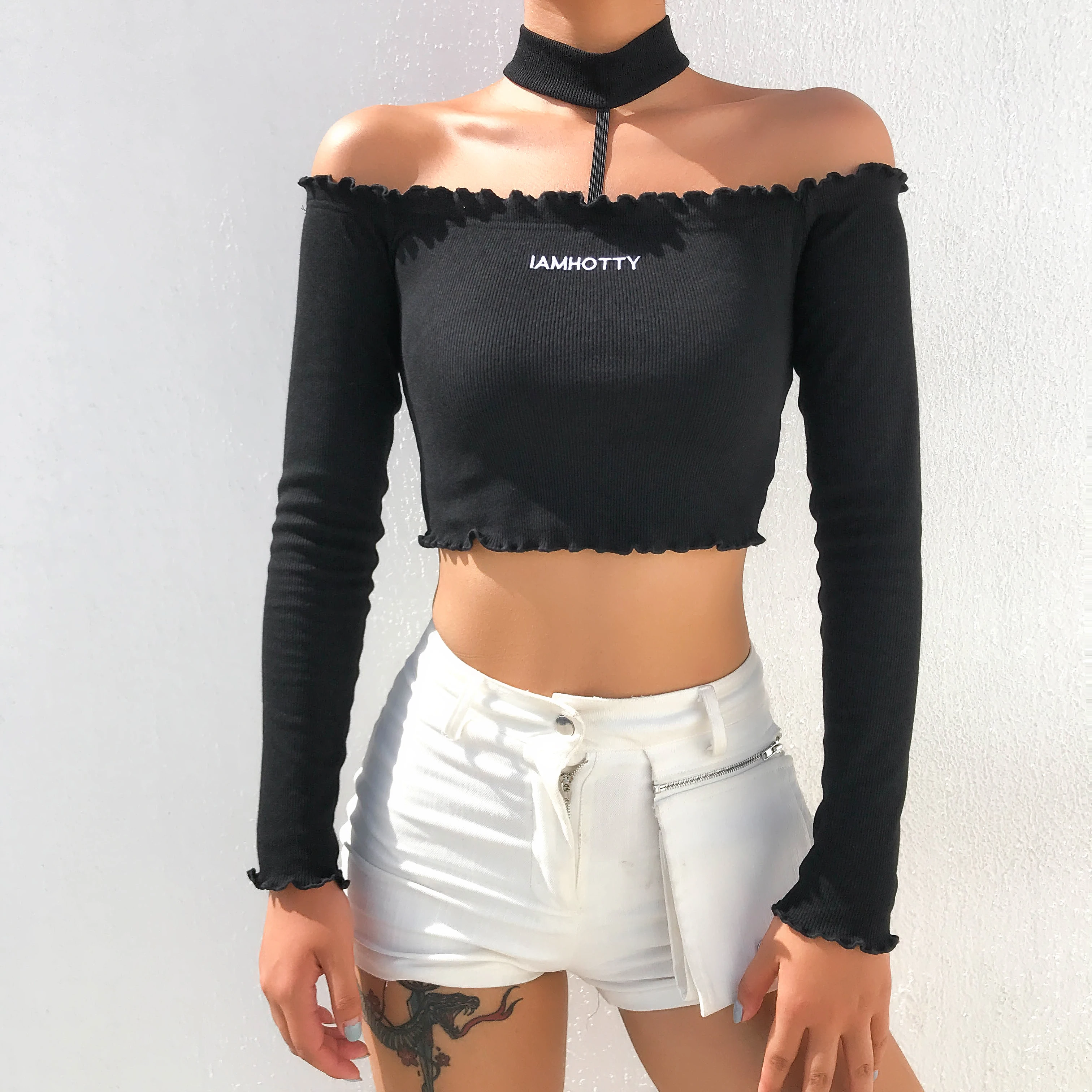 

Gothic Halter Long Sleeve Black Crop Top Women Sexy Off Shoulder Backless Letter Embroidery T shirt Ladies Knitted Basic Top