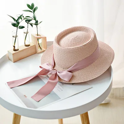 Женская летняя пляжная шляпа от солнца, новинка, брендовая соломенная шляпа с плоским верхом, модная пляжная шляпа с бантом из ленты для девушек, женские шляпы - Цвет: pink