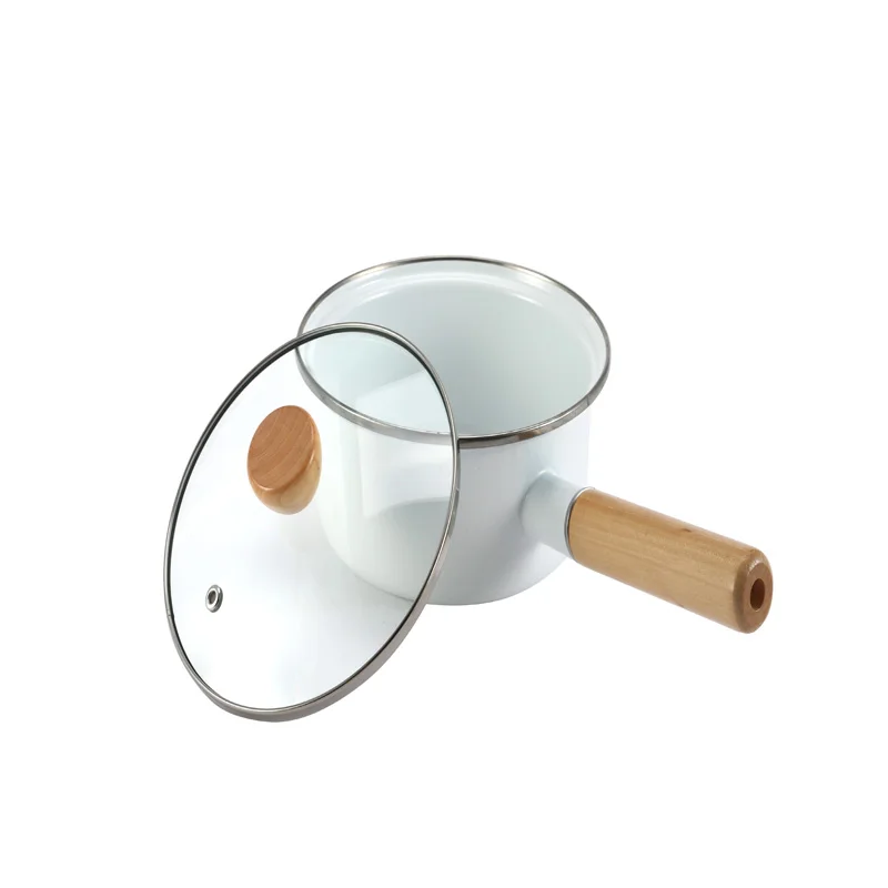 Чистый белый фарфор Эмаль кастрюлю с простой деревянной ручкой может быть использован для газовая плита
