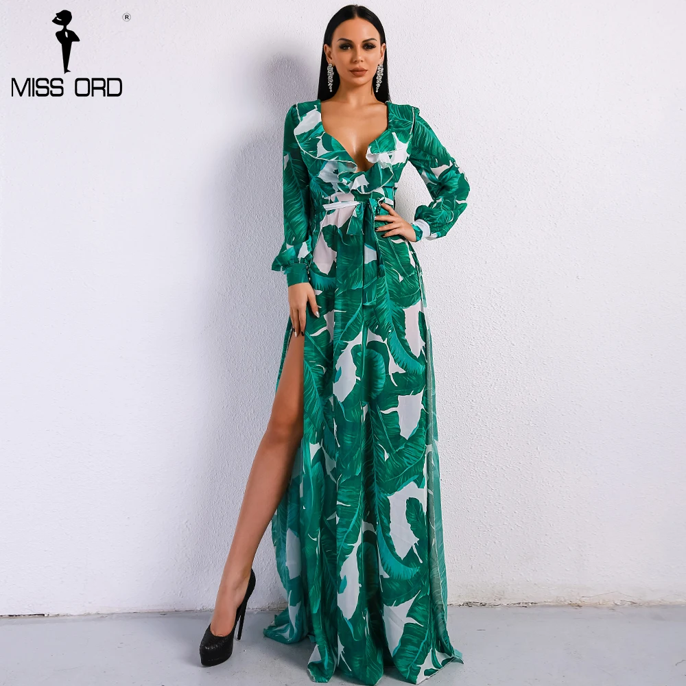 

Missord 2019 Summer Deep V Two Split Print Beach Dress Kafftan Long Sleeve Ruffle Seaside Maxi Dress FT9106