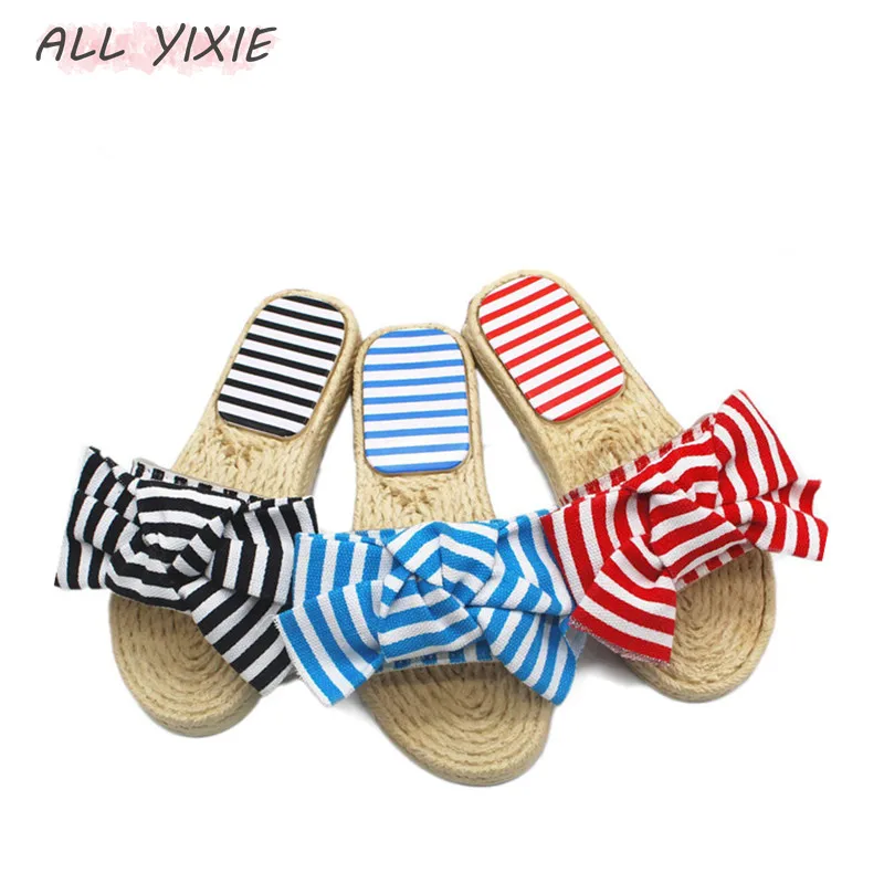 

ALL YIXIE Summer Women Bow Slippers Bowknot Stripe Sandals Flat Non Slip Bathroom Slides Indoor Flip Flop Casual Beach Slippers