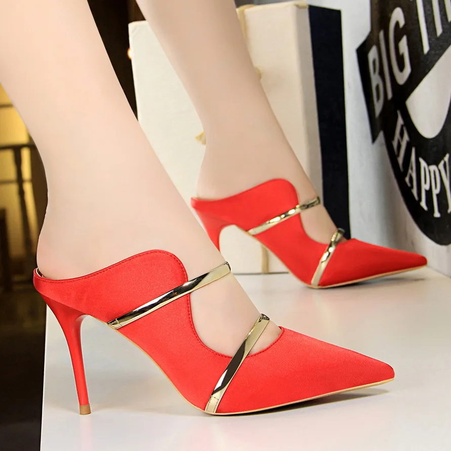Sexy women Sandals Fine with High heel Satin Shallow mouth Pointed Hollow metal Word Band slippers shoes woman BIGTREE