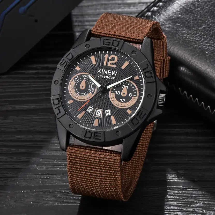 XINEW Canvas Wrist Watches Men's Sport Calendar Clock Relogio Masculino Top Brand Men Steel Dial Military Quartz Watch#Zer - Цвет: Кофе