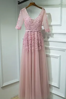 Robe De Soiree, красное вино, кружевное длинное вечернее платье с бисером, с открытой спиной, для невесты, v-образный вырез, без рукавов, прозрачное, для банкета, сексуальное платье для выпускного вечера вечерние плать - Цвет: dusty rose half slee