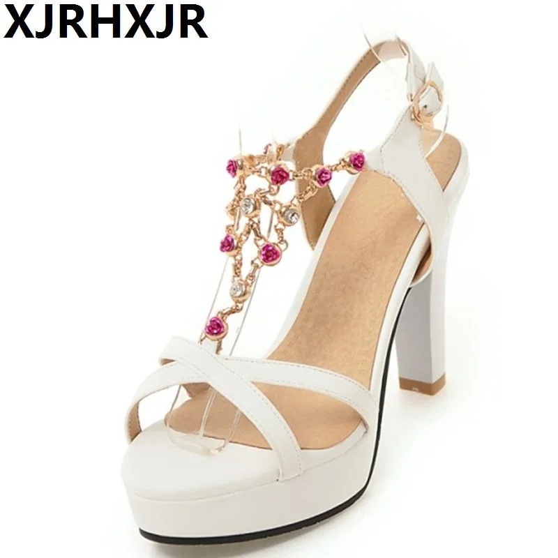 

Party Women Shoes Fashion Crystal Ladies Sandals Summer Open Toe T-Strap Party Thick High Heels Rhinestone Pink Blue White 43