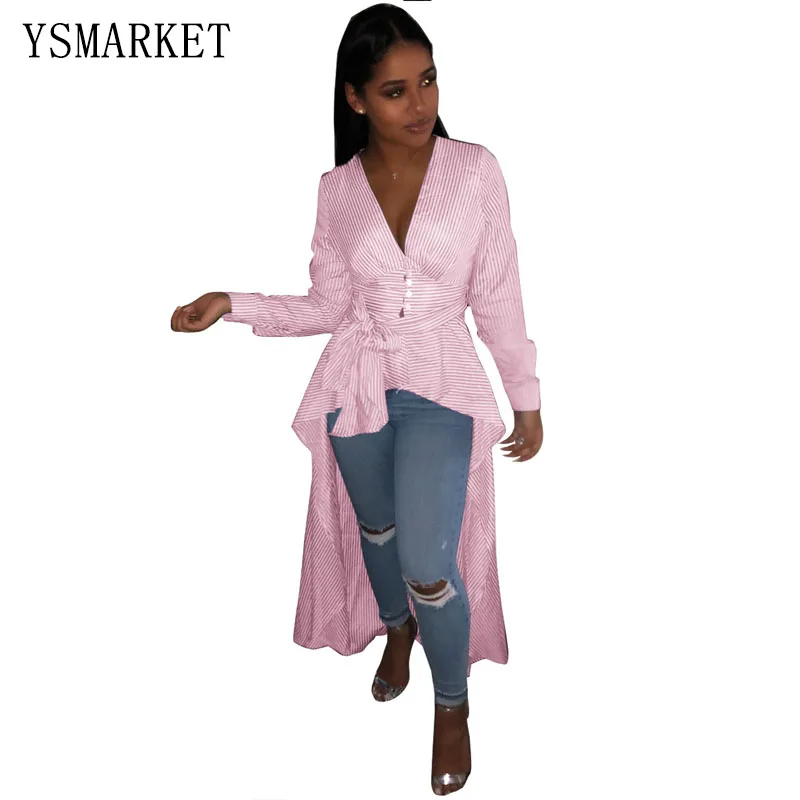 

2 Color African Striped Print Fabric Hi Low Long Sleeve Top Dresses For Women Deep V Neck Ladies Shirt Dresses Fashion A116