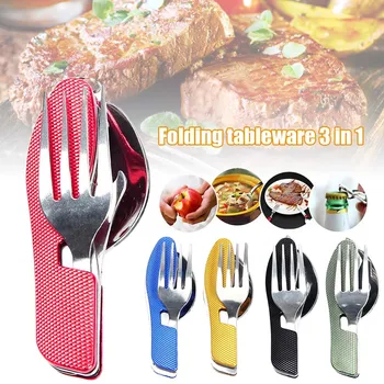 

Portable 3 in 1 Folding Tableware Stainless Steel Spoon Fork Knife Multifunction Tool for Outdoor Camping Picnic Set FPing