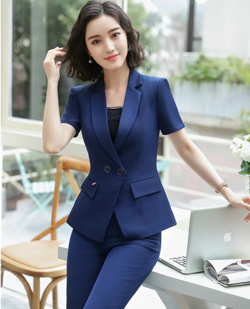 Dames Uniforme Tenues Vêtements Vestes Costumes Blazers black Formel De Pantalons Pièces Conceptions Pour Bureau Dark Blue 2 Avec Beauté Travail Salon Ensembles Et CqxrgwCHP