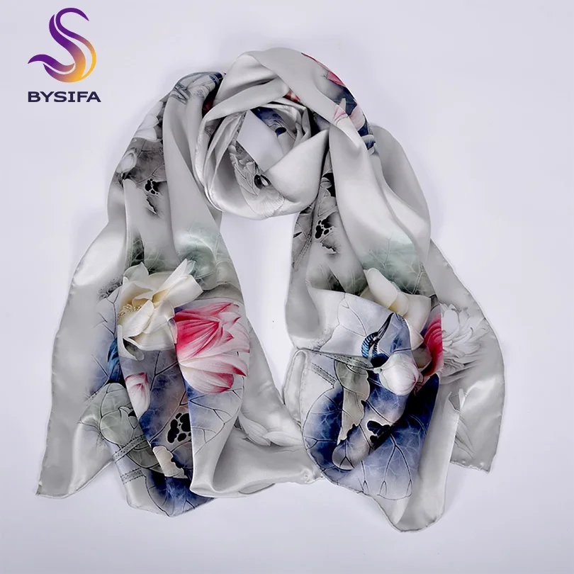 [BYSIFA] роскошный серый розовый женский шелковый шарф, шаль, модные длинные шарфы из натурального шелка, дизайн лотоса, элегантный атласный шейный шарф