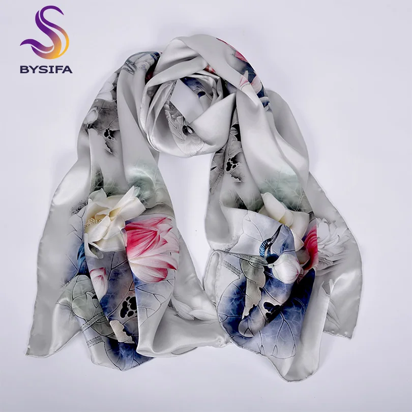 

[BYSIFA] Luxury Grey Pink Women Silk Scarf Shawl Fashion Natural Silk Long Scarves New Lotus Design Elegant Satin Neck Scarf