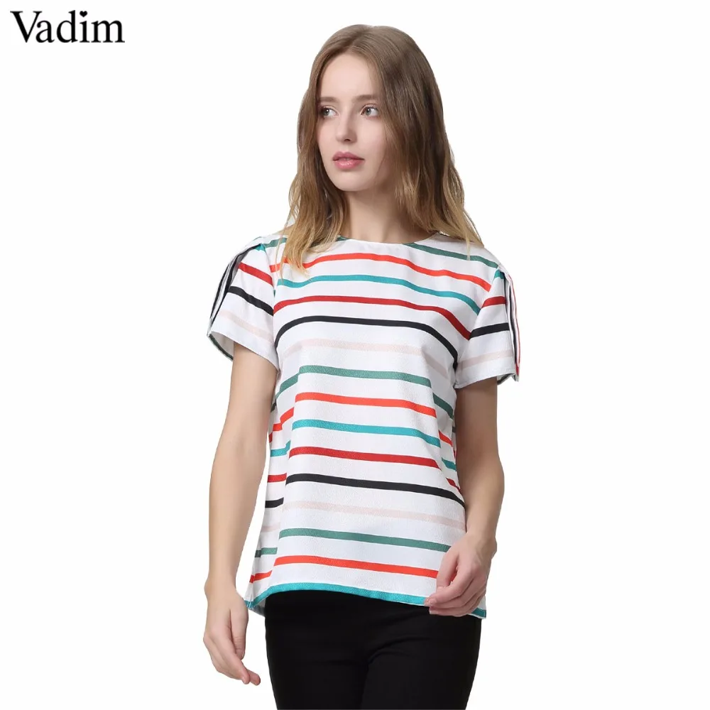

Vadim women elegant color striped blouse bow tie short sleeve o neck split shirts female cute casual chic tops blusas DA088