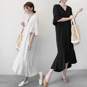 

Lotus Leaf Edge Dress with Loose Large Size Short Sleeve V-neck