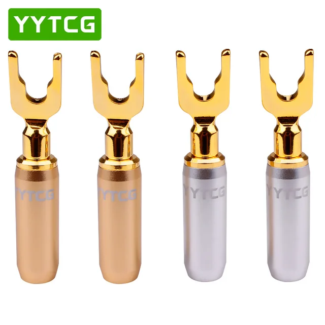 YYTCG 4Pcs/lot Y/U Type Pure Copper Speaker Plugs 24k Gold-plated Speaker Cable Plug Banana Connector Gold-Plated