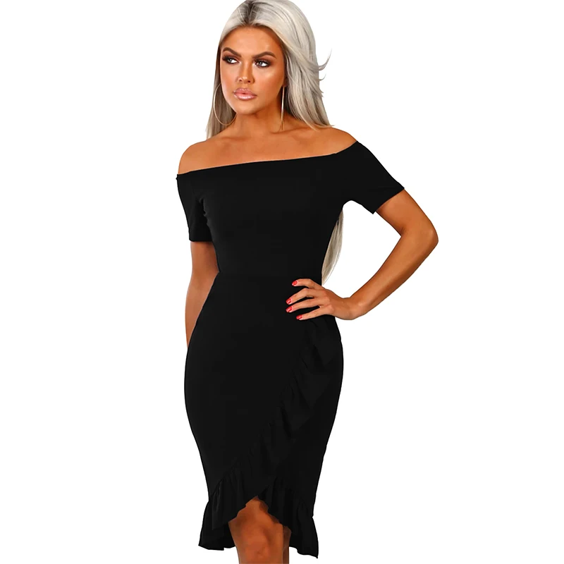 Женское летнее платье карандаш черное с коротким рукавом и оборками|female dress|midi