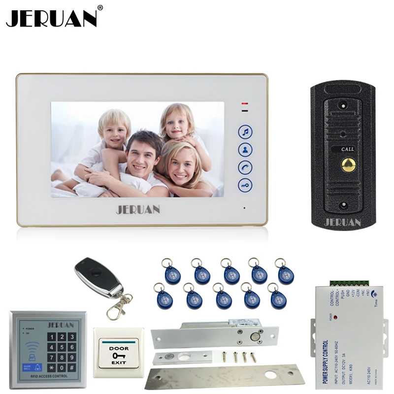 

JERUAN 7``LCD Touch key Video Door phone Intercom System kit 1 Monitor Full Metal 700TVL IR Pinhole Camera RFID Access Control