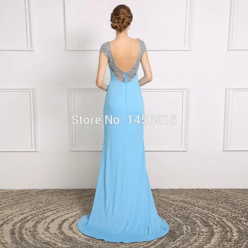 New Real Model Vestidos de Fiesta Long Formal Dress Cap sleeve Backless Beaded Mermaid Evening Dresses Long Robe De Soiree