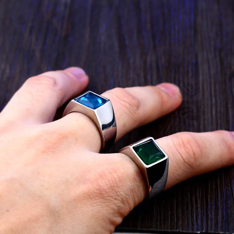 Стальное солдатское титановое кольцо для мужчин, голубой зеленый квадратный камень 316L, нержавеющая сталь, модное полированное кольцо для мальчика