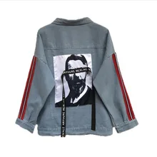 Унисекс панк джинсовая куртка шеврон с принтом Дизайнерские Пальто уличная BF harajuku хип хоп пальто с отворотом расслабляющий соединенный внакрой деним куртка