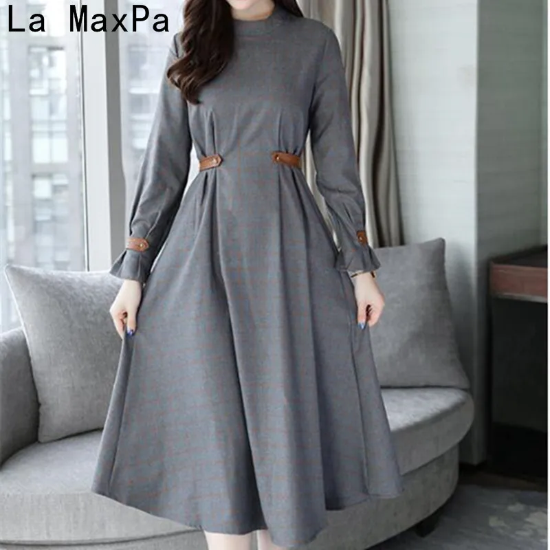 

LA MAXPA Women Maxi Long Dress Plaid Vintage Autumn Winter Dress Pleated Lady Elegant Retro Slim Mid-calf Dresses Vestidos
