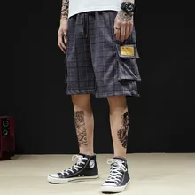 Ретро Высокое уличное свободное клетчатое шорты хип-хоп рэп большой карман пятицентовый длиной до колена для мальчиков