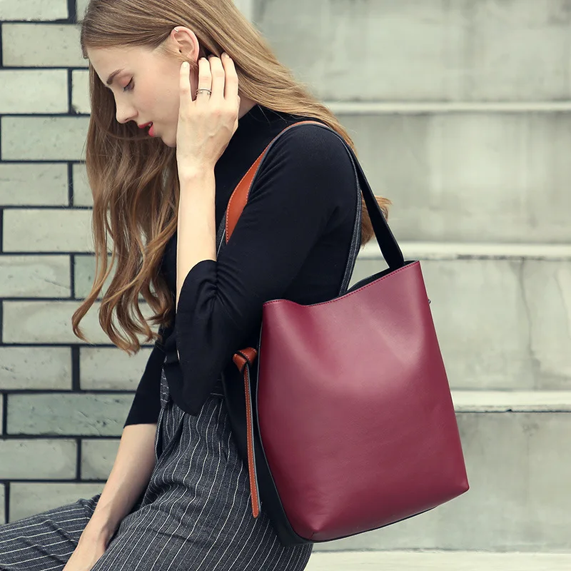 

Spring and summer new leather handbags bag hit color bucket bag casual fashion leather shopping bag shoulder bag two set bags