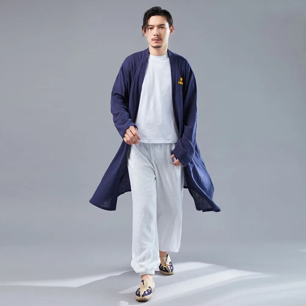 LZJN 2019 Casual Long Sleeve Shirt Summer Men's Vintage Embroidery Kimono Cardigan Cotton Linen Cloak Poncho Open Front Coat (12)