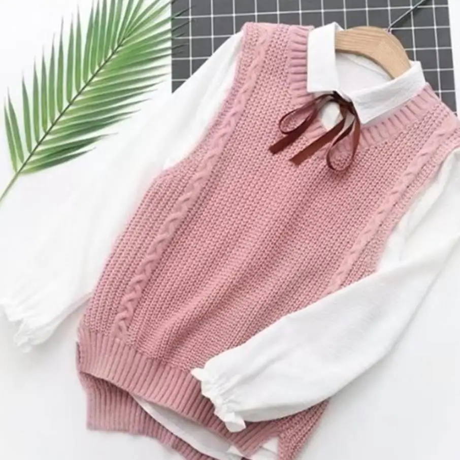 

preppy style2 Piece Set Women 2019 new Shirt And swerter Vest 2 Piece Set High Quality White bow Shirt Womens 2 Piece Sets gx123