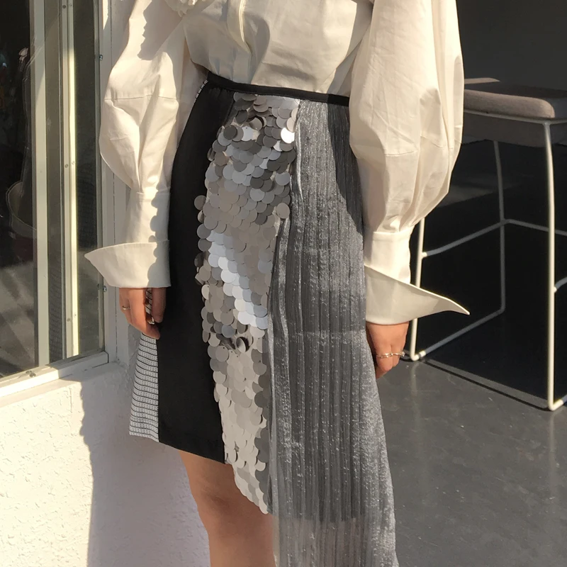 

2019 Spring New Women Good Quality Patchwork Runway Skirt Female High Street Irregular Sequined Skirt Ladies Skirt