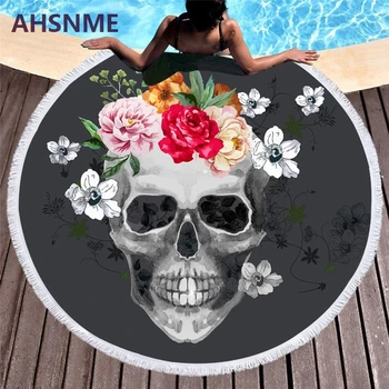 

AHSNME hand colored skull Summer Round Beach Towel Large for Adults Microfiber Toalla 150cm Minimalist Printed Tassel Blanket