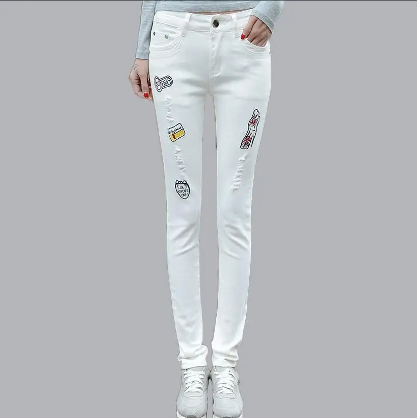Sexy Casual Embroidery Jeans White Full Length Trousers Fashion High Waist Ripped Hole Skinny Pencil Pants