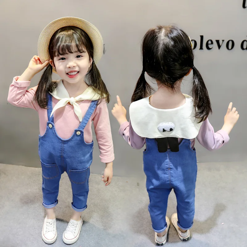 

Spring and autumn new girls navy collar Korean version of the cute two-piece denim strap suit female baby clothes