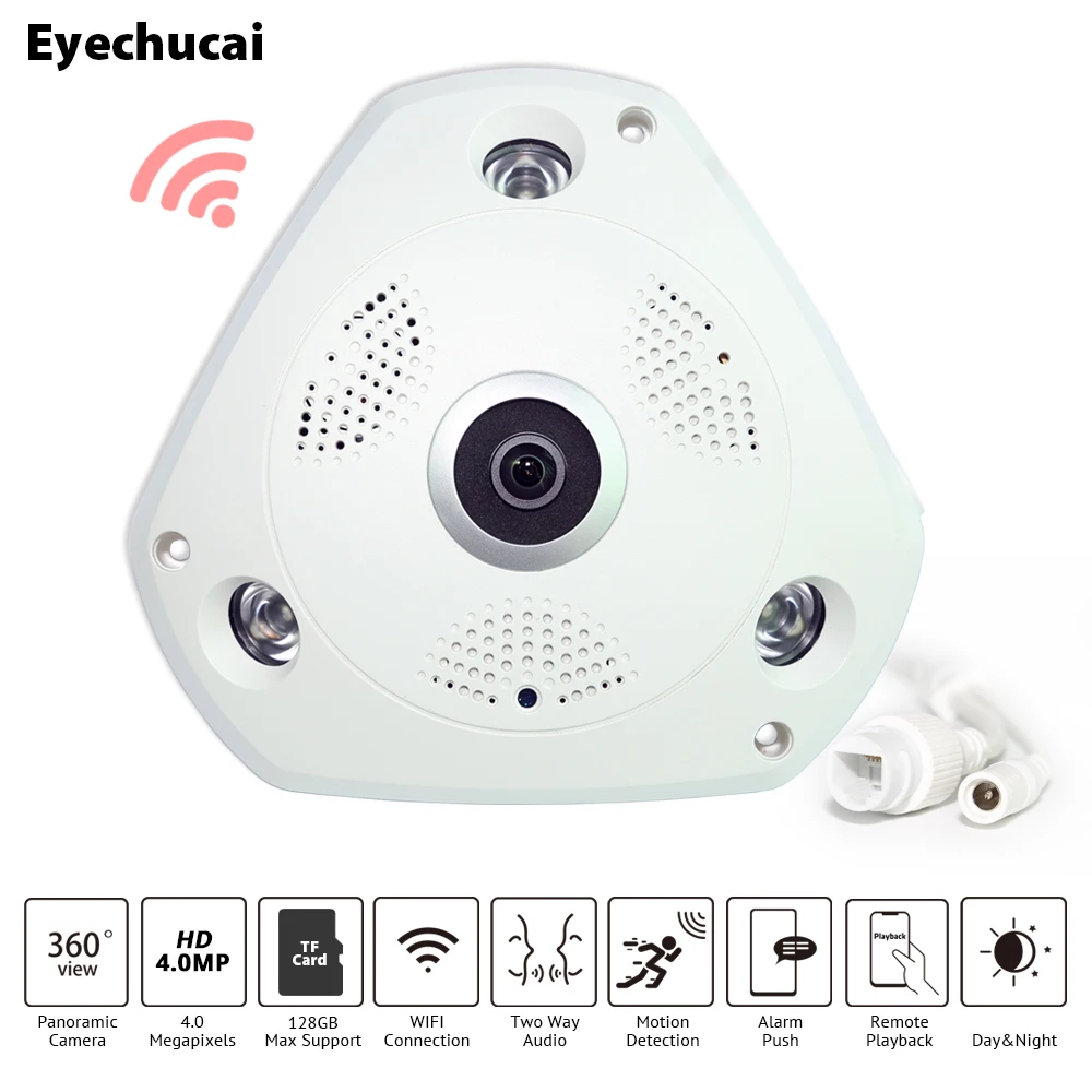 

4.0 Megapixels 360 Degrees Panoramic View Pano WIFI Camera Support 128GB TF Card Two-Way Audio Fish-eye Lens Starlight Camera